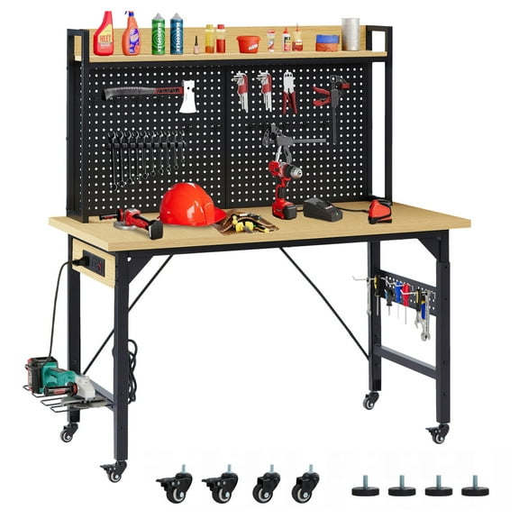 ''Adjustable Workbench with pegboard, Heavy Duty Wooden Desktop Workbench with Wheels, 1600 lb. Load Capacity, Rolling Workbench with /USB Outlet, , Shelf, for Garage, Workshop, Office, Home.