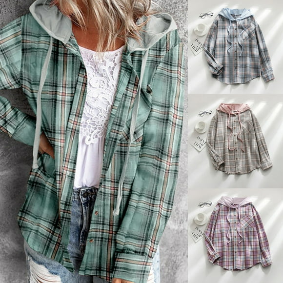 YOIAVAIOY Women's Plaid Hoodies Drawstring Hooded Shirt Jackets Button Down Shacket Jacket Casual Athletic Outerwear with Pocket Purple XXL