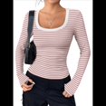 thumbnail image 2 of Camisas de Larga con Cuello Redondo para Mujer, Blusas Informales de Punto Acanalado de Corte Ajustado, Camisetas Básicas de Trabajo para Verano y Otoño. Rosa M, 2 of 8
