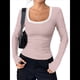thumbnail image 2 of Camisas de Larga con Cuello Redondo para Mujer, Blusas Informales de Punto Acanalado de Corte Ajustado, Camisetas Básicas de Trabajo para Verano y Otoño. Rosa L, 2 of 8
