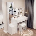 thumbnail image 3 of Veryke Makeup Vanity Set with Round LED Mirror, Full Body Mirror Cabinet&Cushioned Stool, Wooden Vanity Desk Table for Girls Women, White, 3 of 7