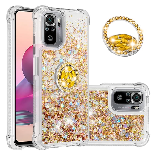 Funda para Xiaomi Redmi Note 10S 4G/Note 10 4G con Brillo Líquido Flotante, Purpurina, Parachoques y Anillo Giratorio Soporte