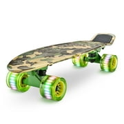Hurtle Standard Skateboard Mini Cruiser - 6'' PP Deck Complete Double Kick Skate Board w/ 3.25" Aluminum Alloy Truck, PU Wheels w/LED Light - for Kids, Teens, Adults (Camo) with  6.3 weight