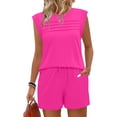 thumbnail image 6 of APEXFWDT Women's Summer 2 Piece Outfits Pleated Cap Neck Short Sleeve Top Shirt & Drawstring Shorts Set Loungewear, 6 of 8