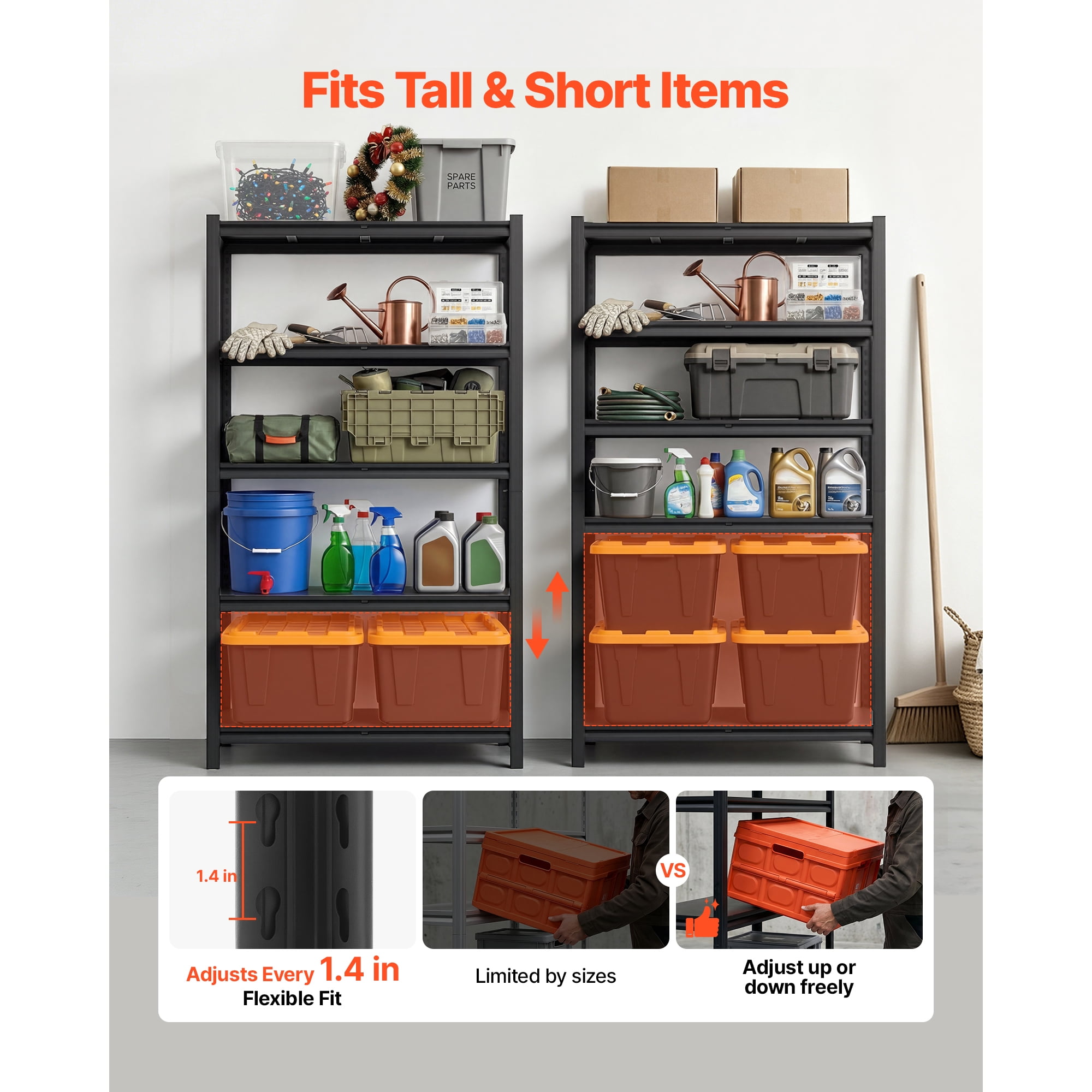 KFFKFF 5-Tier Adjustable Storage Shelves, 3000 lbs Capacity, Heavy-Duty Metal Utility Rack for Garage, Warehouse, Basement, or Kitchen, 40.55" W x 18.31" D x 71.38" H