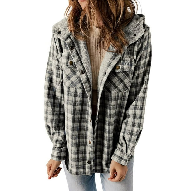 Chaqueta de Cuadros para Mujer, Larga, Botones, Capucha de Forro , Abrigo Cálido Cuadros Grises S