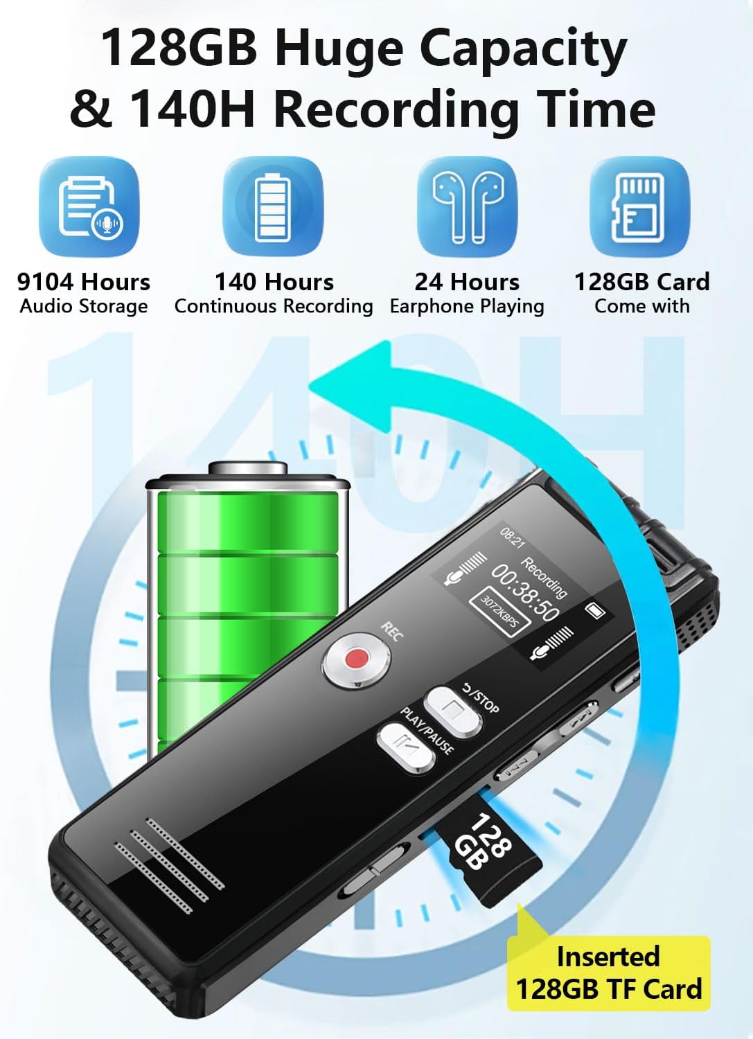 128GB Digital Voice Recorder with Playback, 3072 Kbps HD Voice Activation Recording, Noise Reduction, Lecture Conference Audio Device, A-B Loop, MP3 Player