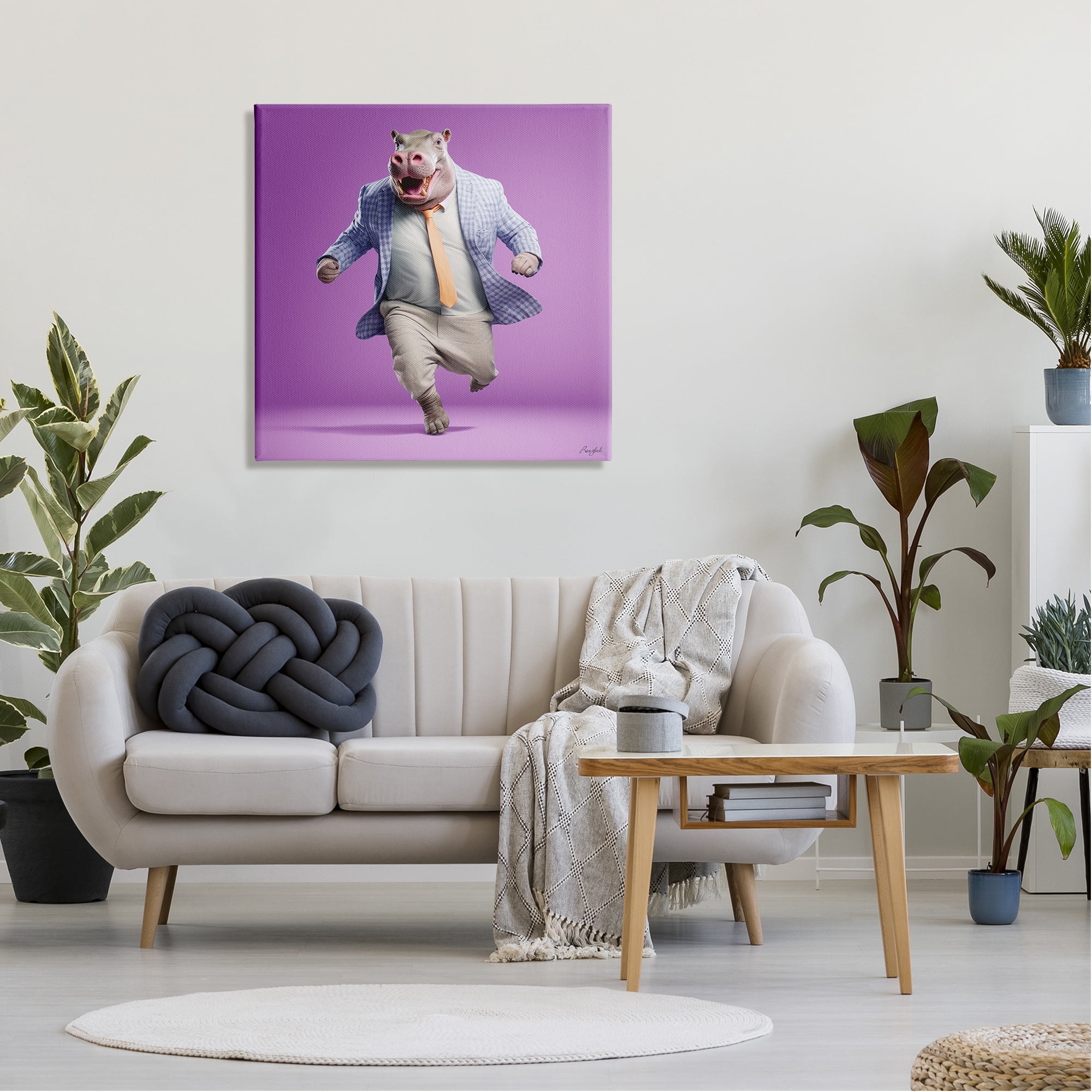 Stupell Industries Dancing Hippo on Purple Animals & Insects Painting Gallery Wrapped Canvas Art Print Wall Art, 30 x 30