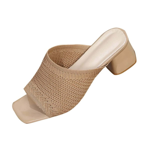 Women's Fashionable Casual Versatile Flying Knitted Spring And Summer New Thick Heel Sandals Khaki Size 8