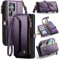 ELEHOLD for Samsung Galaxy S25 Ultra Wallet Case,Support Wireless Charging PU Leather RFID Blocking Card Holder Kickstand Flip Shockproof Case with Crossbody/Wristlet Strap ,Purple