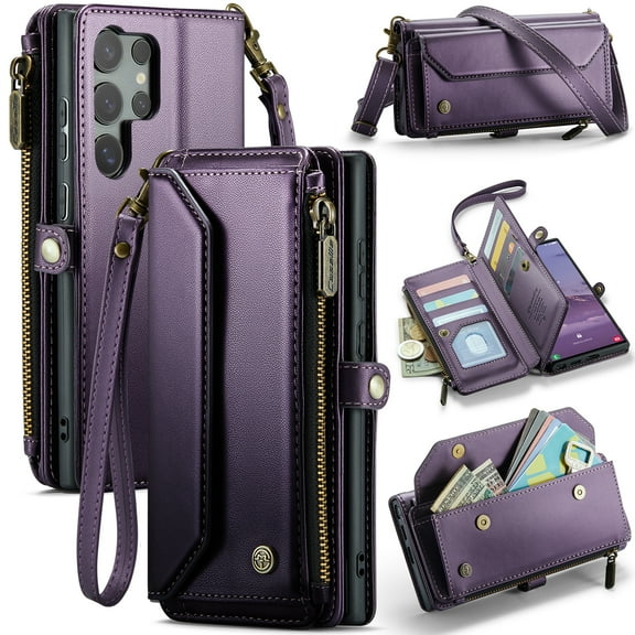 ELEHOLD for Samsung Galaxy S25 Ultra Wallet Case,Support Wireless Charging PU Leather RFID Blocking Card Holder Kickstand Flip Shockproof Case with Crossbody/Wristlet Strap ,Purple