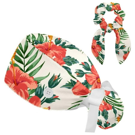 

Working Cap with Buttons and Sweatband Scrub Hat Bouffant Caps with Scrunchie Hibiscus Flowers Tie Back Hats