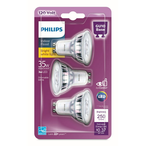 Phillips LED 35-Watt GU10 Flood Light Bulb, Clear Bright White, Dimmable (3-Pack)