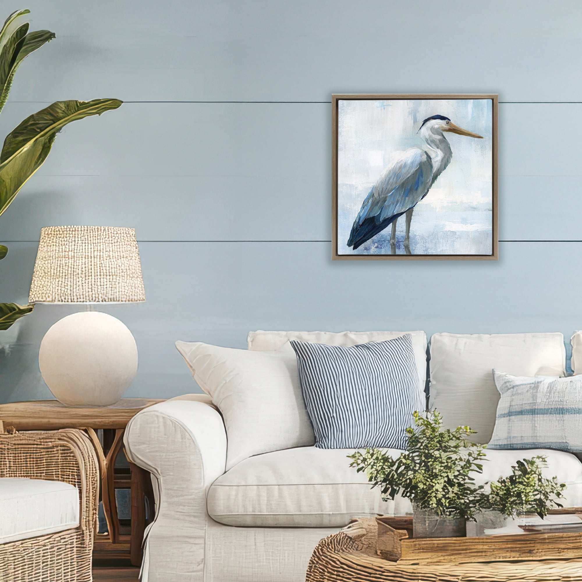 Stupell Industries Serene Blue Heron In Aqua Brown Framed Floater Canvas Wall Art, design by Nan