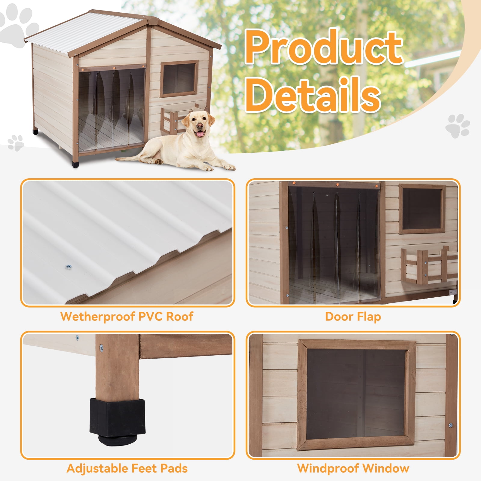 Petsfit 47" Dog House Outdoor with Waterproof PVC Roof, Extra Large Dog House for 2 Medium Dogs, Dog House Outdoor Large Breed, XXL Dog Houses with Window, Beige