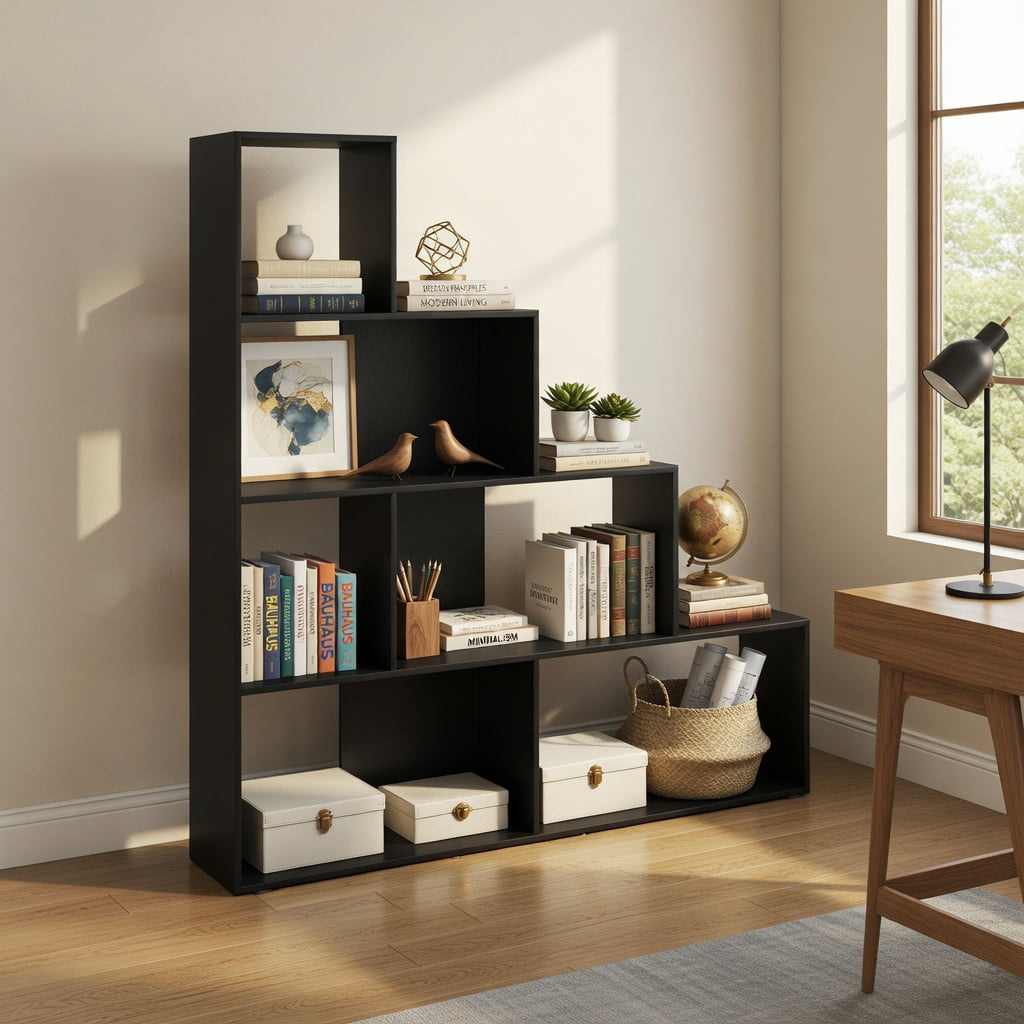 Barara King 4-Tier Modern Stepped Bookshelf with 6 Storage Cubes, Bookcase Display Standing Shelf for Living Room, Bedroom, Office Room, Study Room, Black