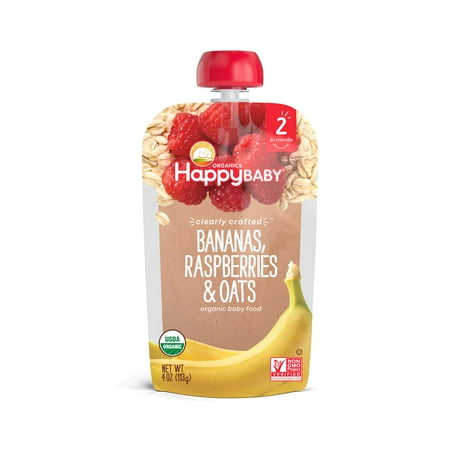 Happy Baby Clearly Crafted, Stage 2, Organic Baby Food, Bananas, Raspberries & Oats, 4 Oz