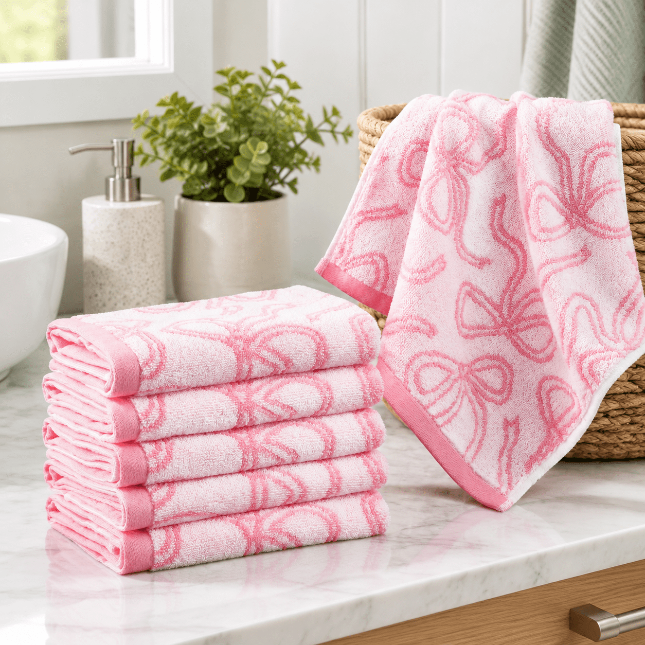 Classic 100% Cotton Pink Bow Washcloths, 13 x 13 Inch Set of 6