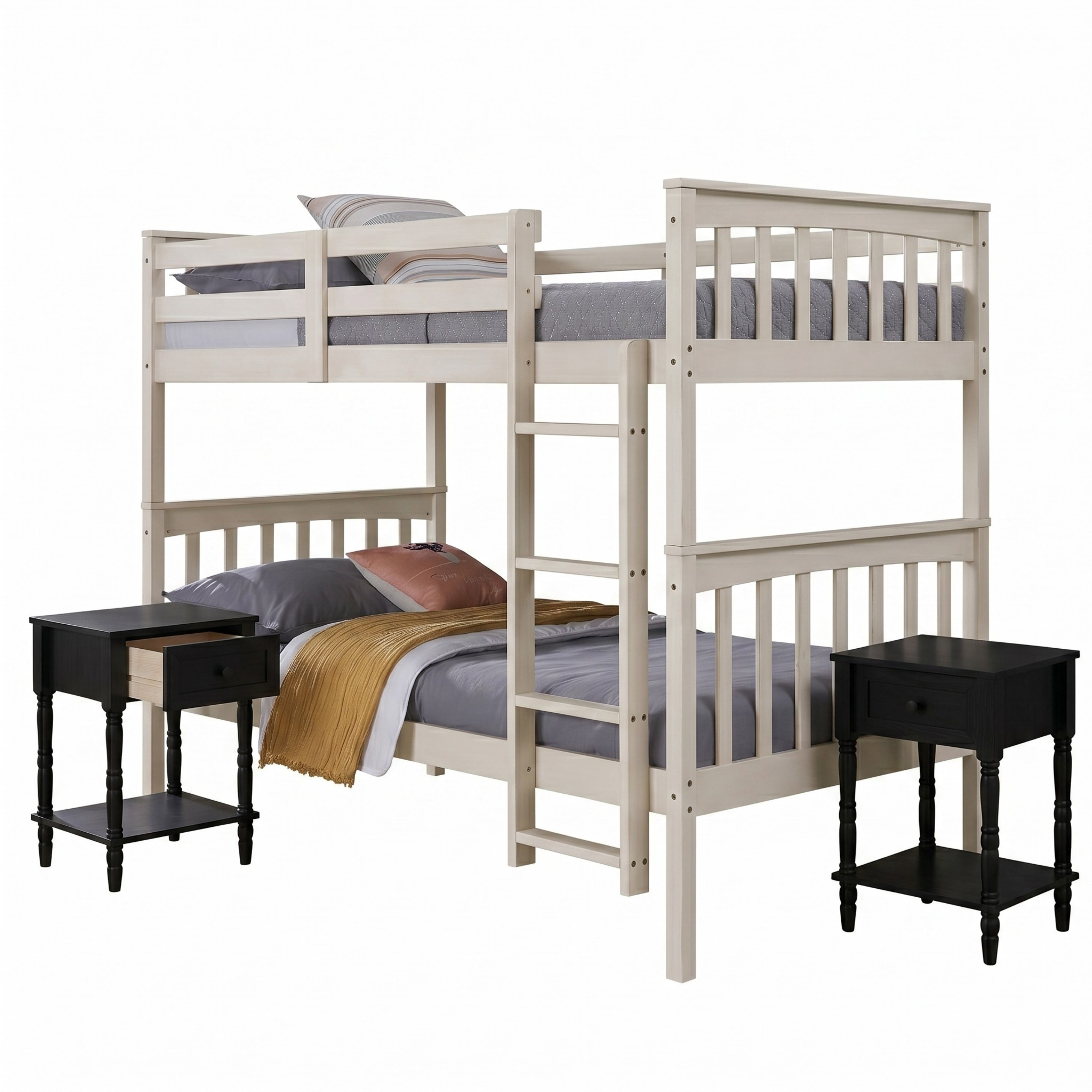 Home Design Ames Twin Over Twin Solid Wood Bunk Bed with 2 Ruston Nightstand – 3-Piece Space-Saving Bedroom Set, Antique White/ Black