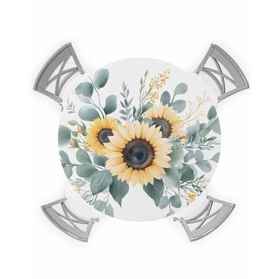 nqOlkjepod Sunflower Round Tablecloth, Fitted Table Cover with Elastic for 36"-44" Round Tables, Green Eucalyptus Yellow Farmhouse Floral Table Cloth Outdoor Dinning Party Waterproof Tablecloths