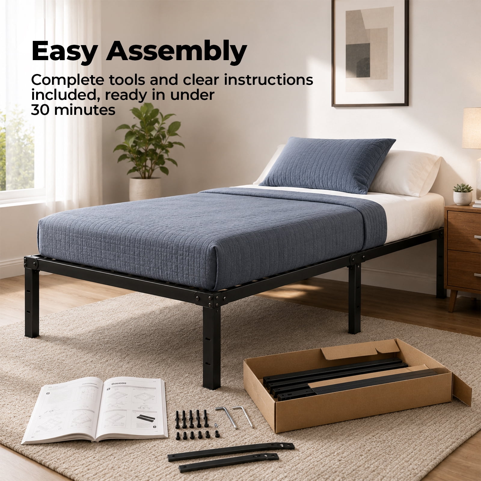 Alvantor Metal Bed Frame 12 inch Tall Sturdy Mattress Foundation with Under-bed Storage