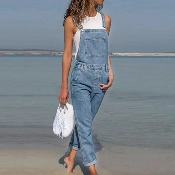 Monos vaqueros para mujer, peto holgado informal con bolsillos y tirantes, color azul, 2023