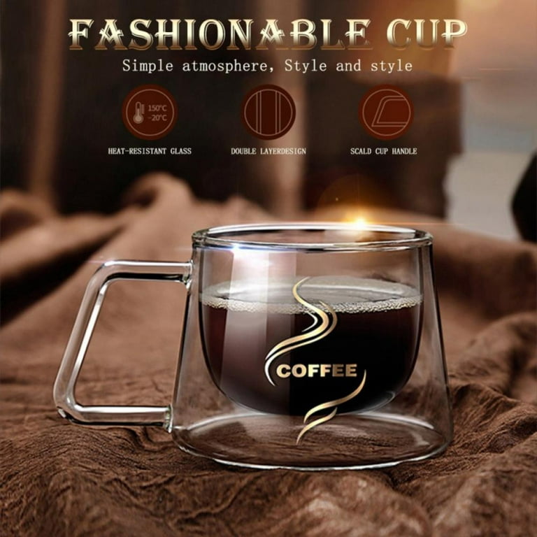 Espresso Cups Shot Glass Coffee 6.8 oz Set of 2 - Double Wall Insulated Glass  Mugs with Handle, Everyday Coffee Glasses Cups Perfect for Espresso Machine  and Coffee Maker (Include 2 Spoons) 