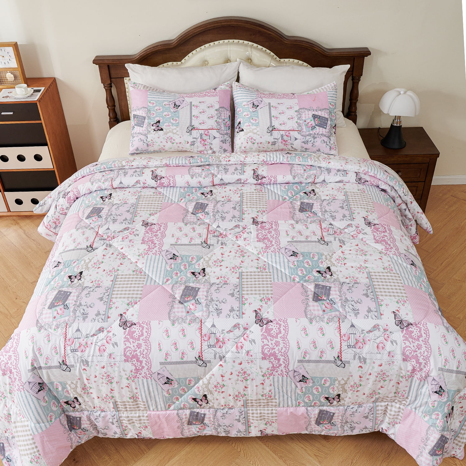 Evenhug Comforter 3-Piece Queen Purple Patchwork Floral Comforter Set With Pillowcases