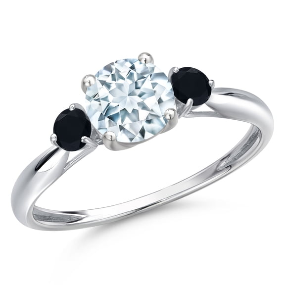 Gem Stone King 10K White Gold Sky Blue Aquamarine and Black Onyx 3-Stone Ring for Women | 0.95 Cttw | Round 6MM | Gemstone March Birthstone | Size 7
