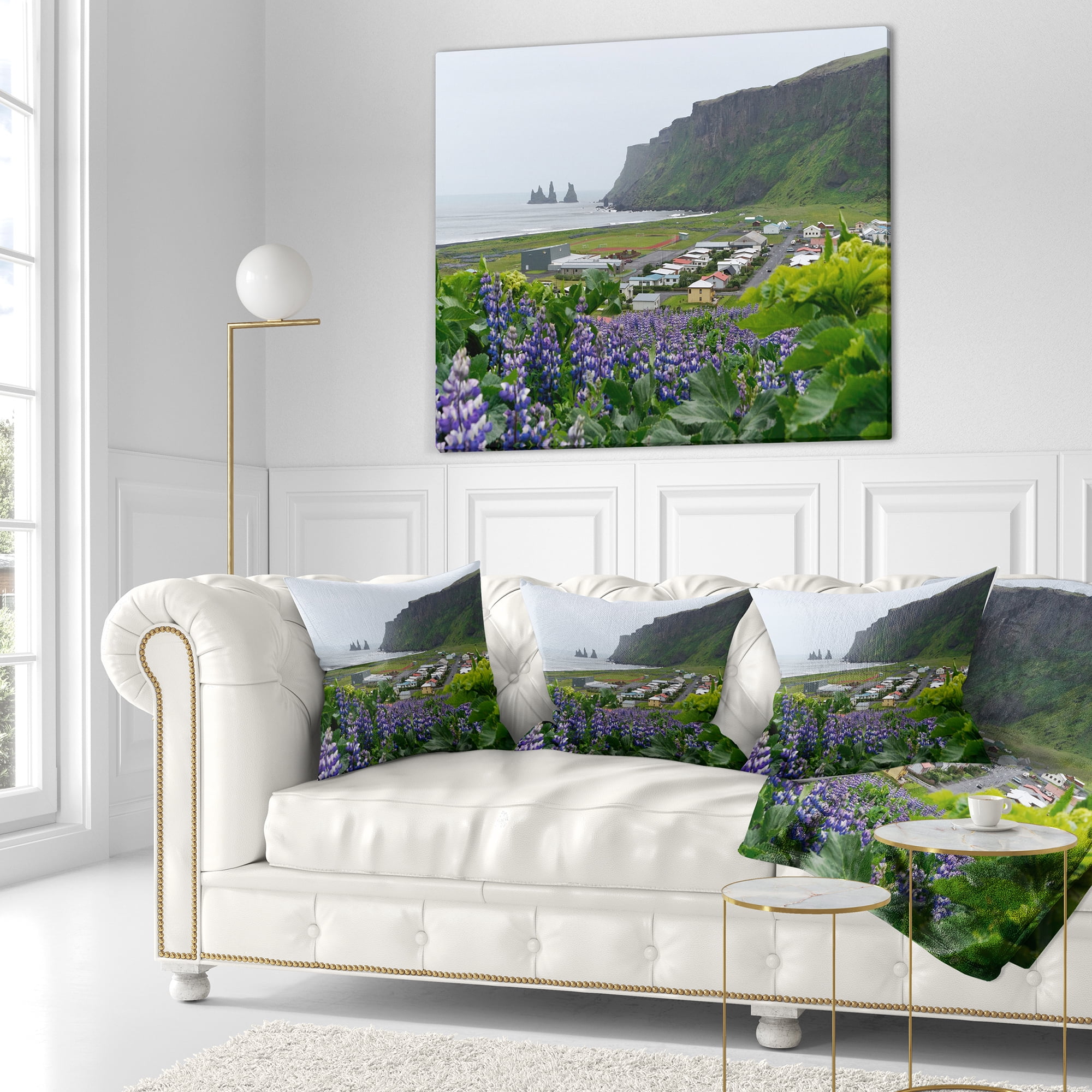 Designart Icelandic Town Vik - Landscape Photography Throw Pillow - 16x16