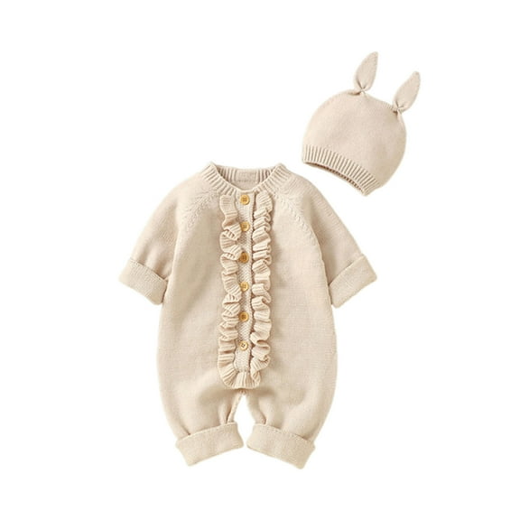 UAMVSH Baby Sweater Clothes Sets Knitted Newborn Infant Rompers with Hat Comfy Long Sleeve Button Rompers Toddler Boy Girl Outfits(1-3 Months,Beige)