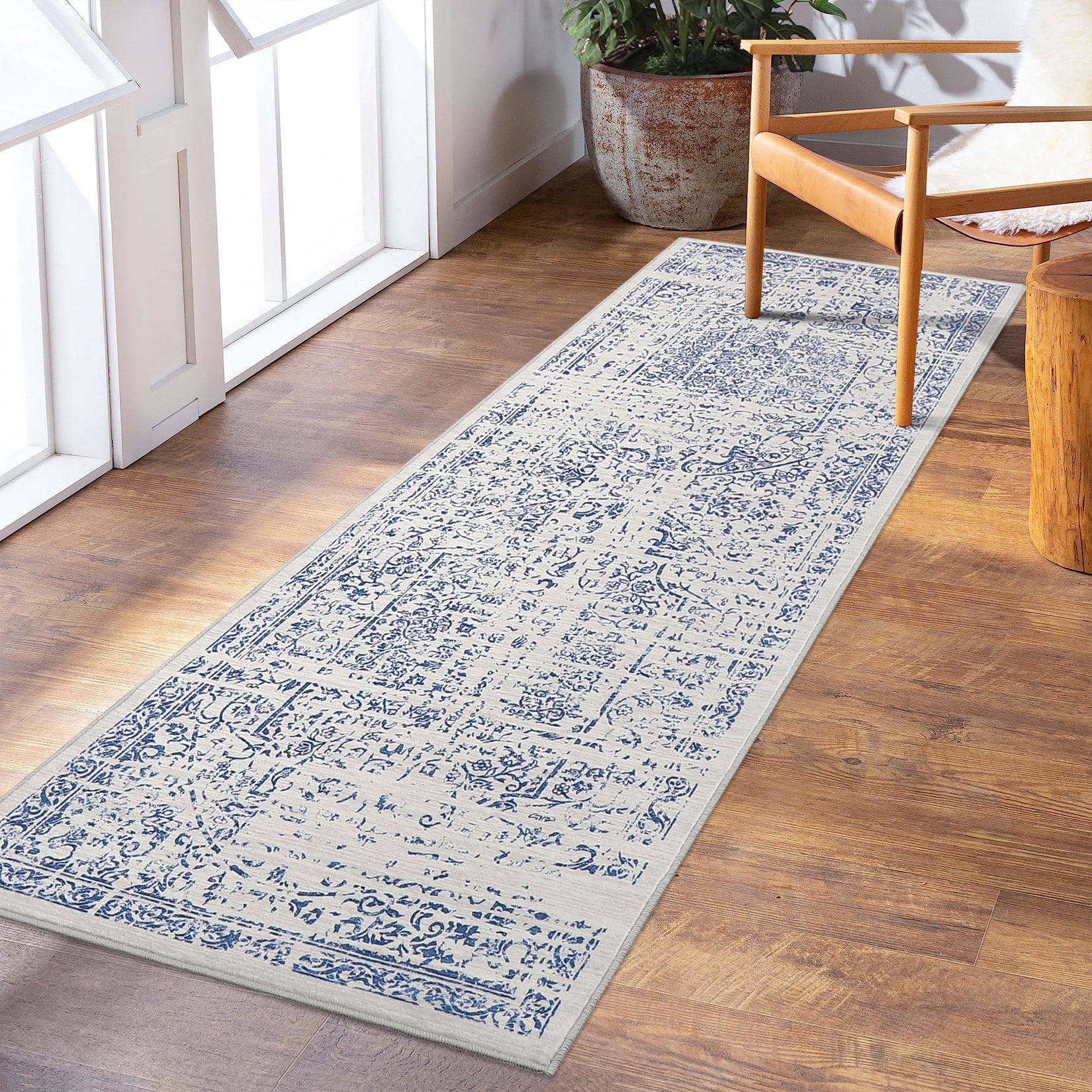 Hasoo 2' x 6' Runner Rug for Hallway Boho Vintage Rug Non Slip Floral Indoor Carpet, Blue