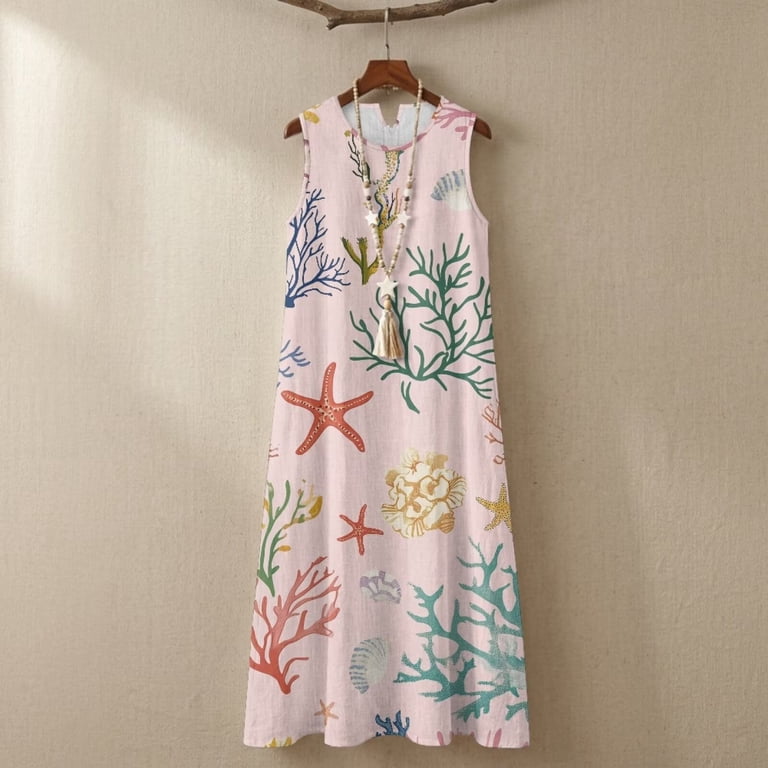coral beach dresses Xoenoiee Srarfish Seashell Coral Print Summer Dresses for Women 2026, Casual Sleeveless Crewneck Maxi Sundress with Pockets, Cotton Linen Beach