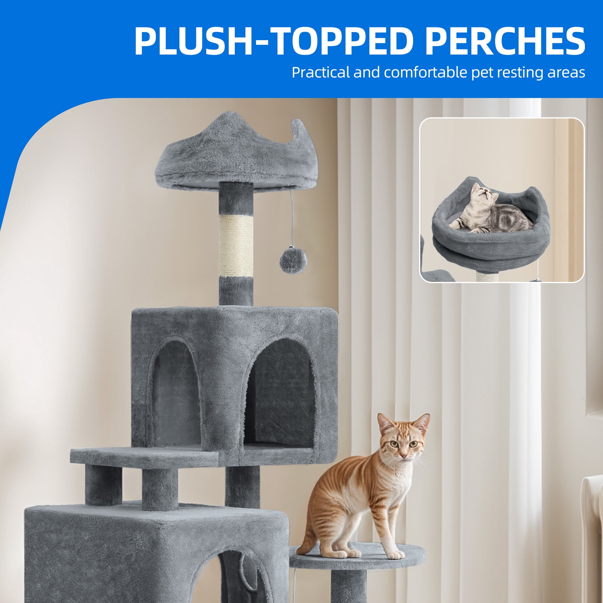 Dextrus 54" Multi-Level Cat Tree Tower with Cat Condos, Plush Top Perches, Hammocks, Sisal Scratching Post Board, Indoor Cat Activity Center,Dark Gray