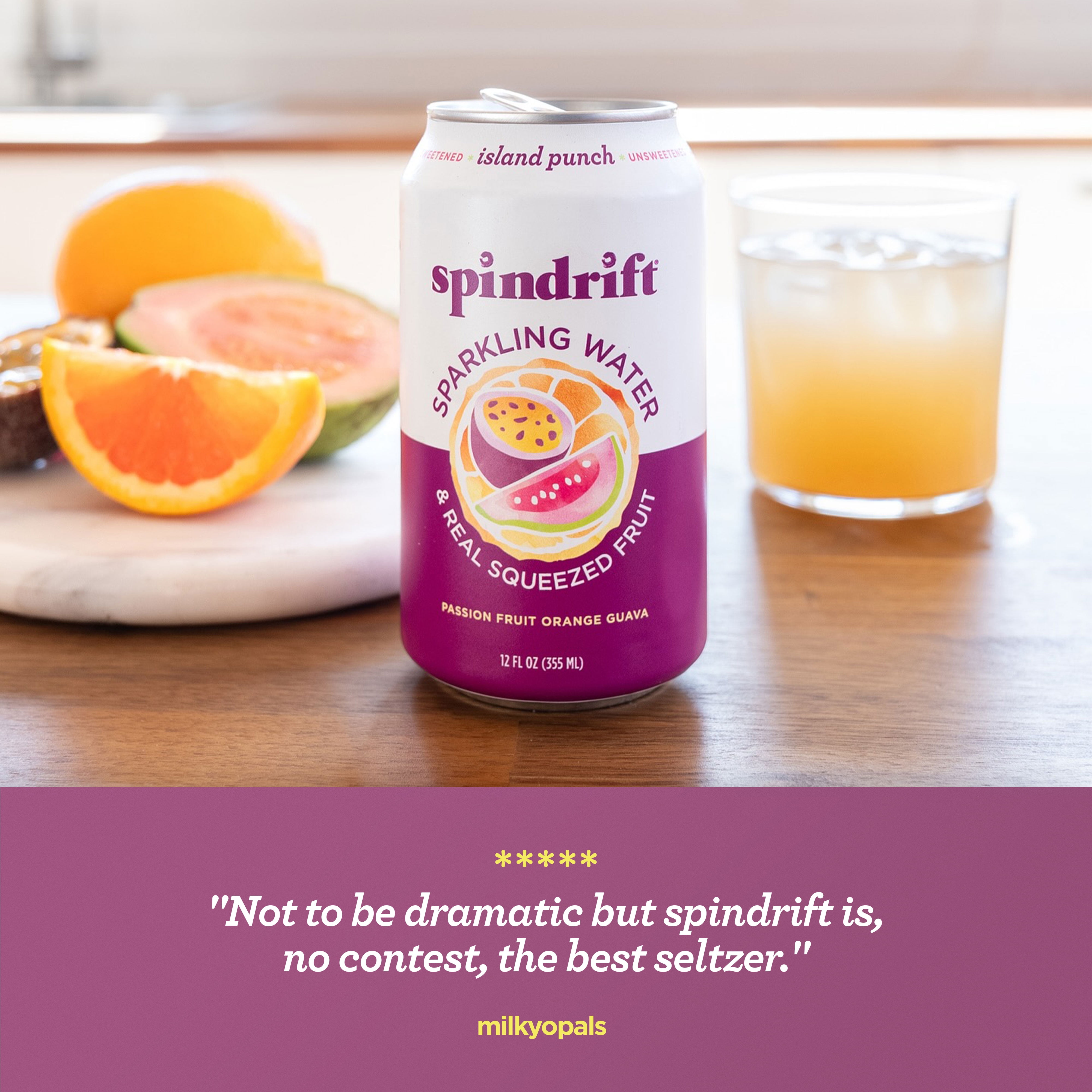Spindrift Sparkling Water, Island Punch Flavored, Made with Real Squeezed Fruit, 12 fl oz, 8 Count, No Sugar Added, 13 Calories per Can
