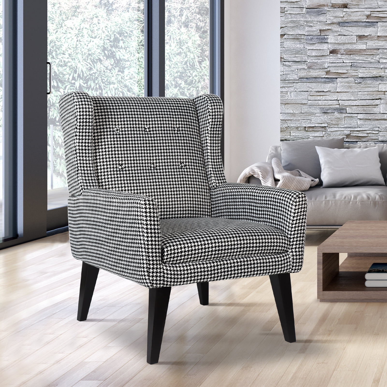 July's Song Accent Chair,Mid Century Modern Wingback Chair,Tufted Fabric  Comfy Living Room Chair,Houndstooth 