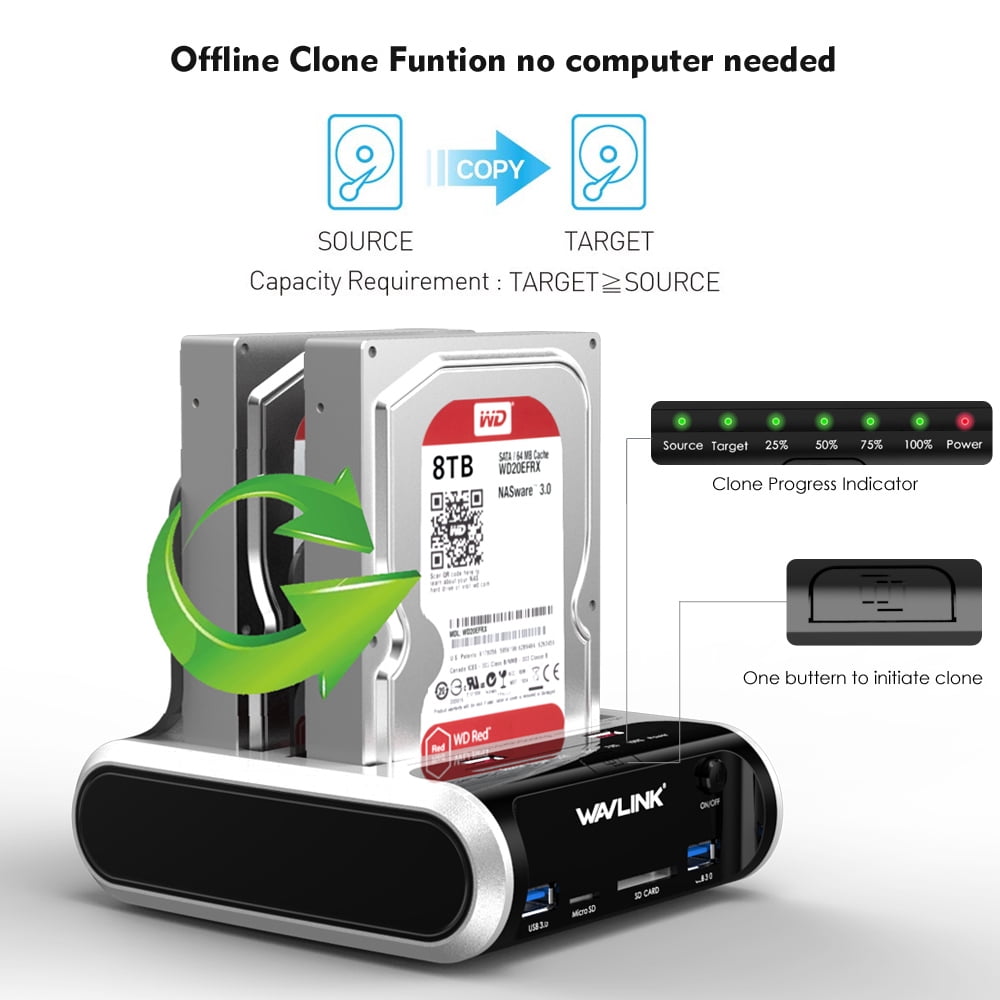 majoor zingen Durf WAVLINK USB 3.0 to SATA Dual Bay External Hard Drive Docking Station with  Offline Clone & UASP(6Gbps) Function, 2 USB 3.0 Port, 2 Charging Port, SD &  Micro SD Card Reader for