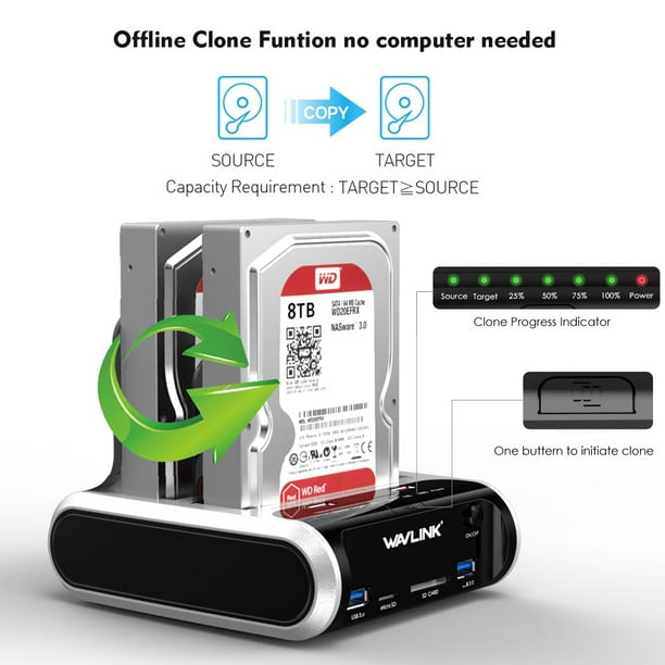 WAVLINK USB 3.0 to SATA Dual Bay External Hard Drive Docking Station with Offline & UASP(6Gbps) Function, 2 USB 3.0 Port, 2 Charging Port, SD & Micro SD Card Reader for