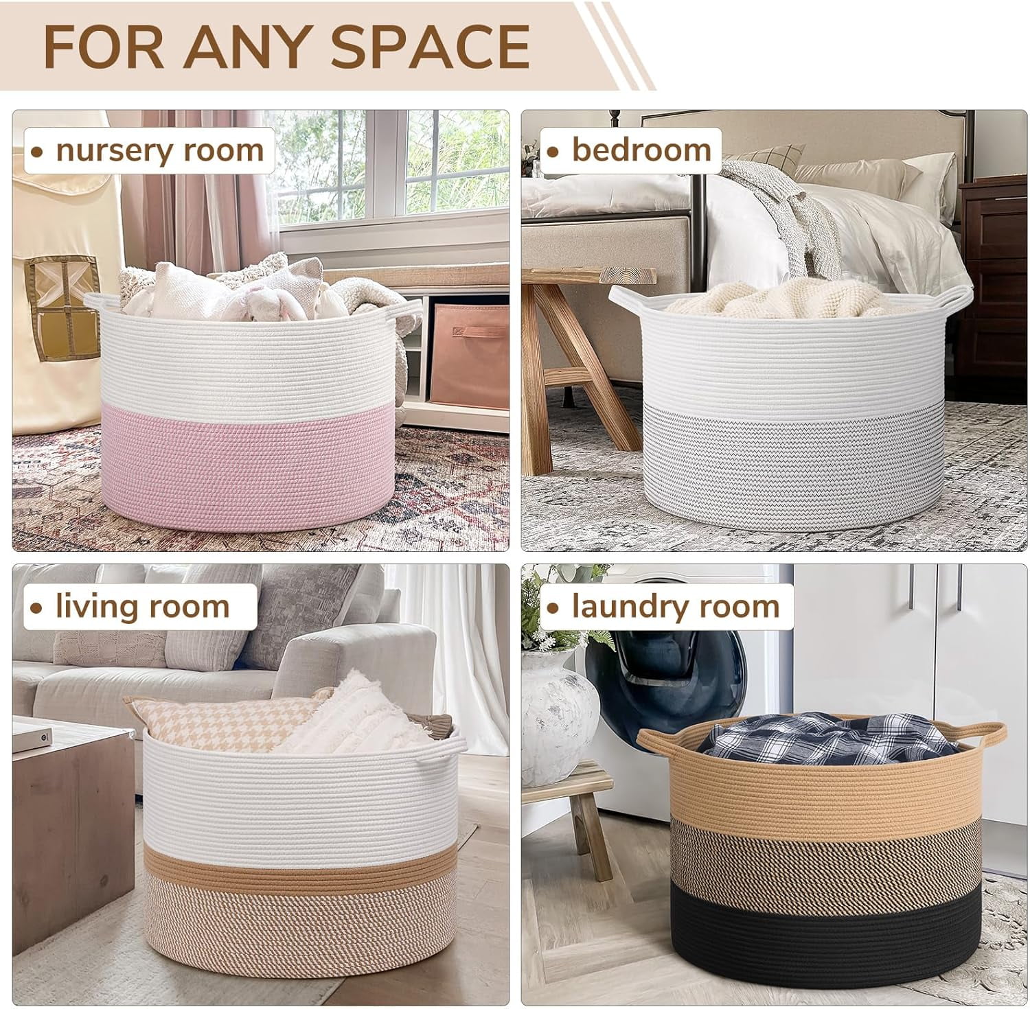 UniMall 115L Extra Large Blanket Basket for Apartment Décor, Woven Baby Laundry Hamper Shoe Basekts for Entryway, Wicker Storage Basket for Organizing, Camel Mix & Black