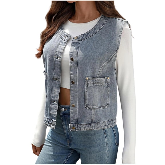 Women Denim Vest Crew Neck Sleeveless Button Down Cardigan Casual Stylish Cropped Jackets With Pockets (XL, Light Blue)