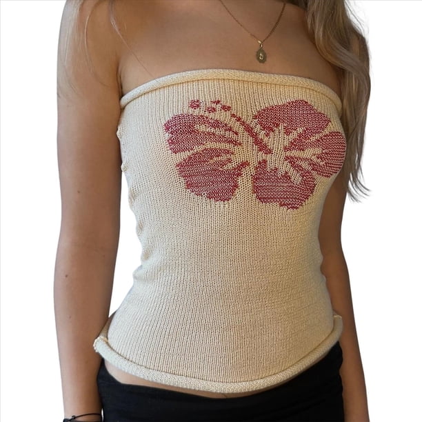 Top de Tubo Sin Tirantes con Estampado Floral para Mujer, Estilo Y2K, de Punto, Estilo Bandeau, para Verano Albaricoque L
