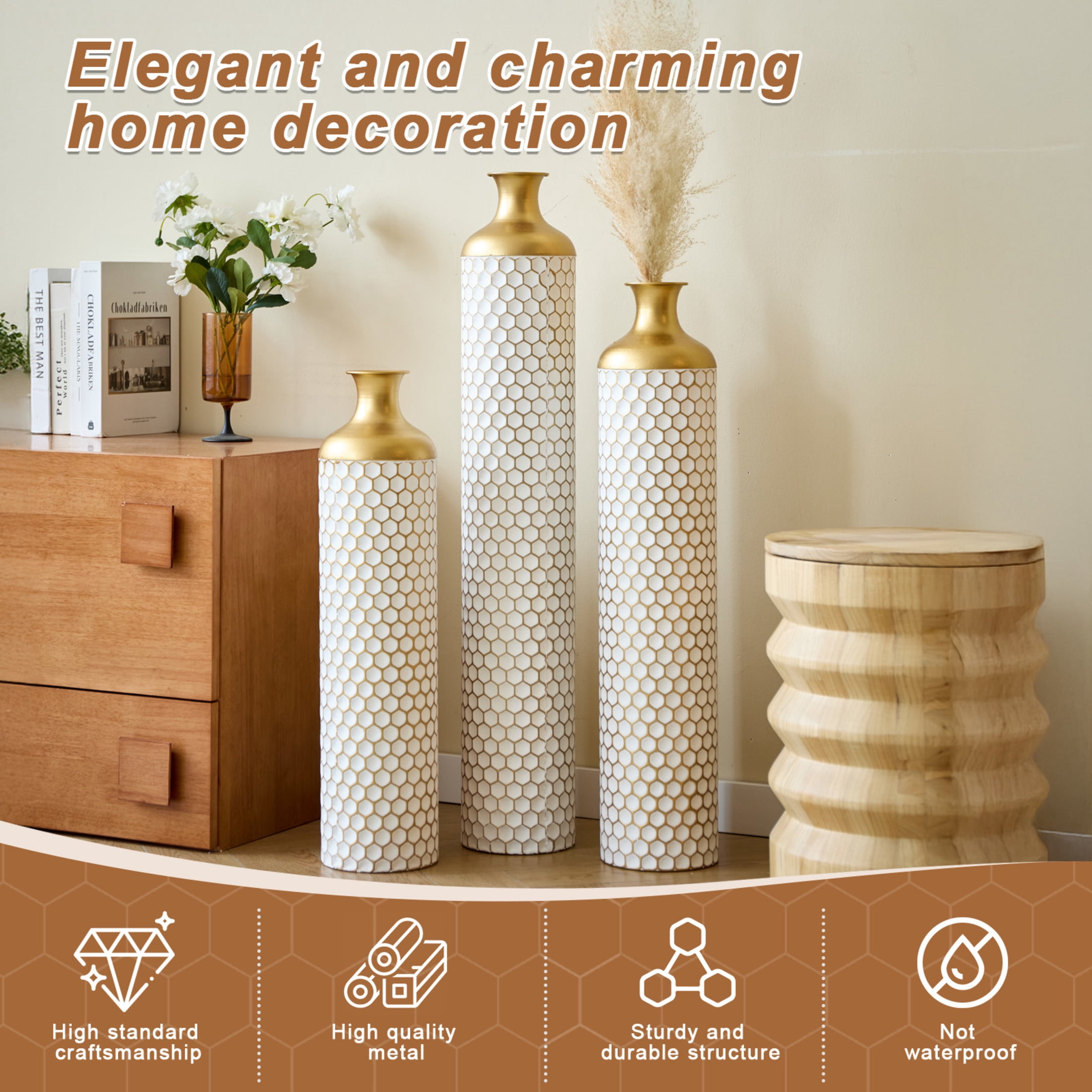 Noble House 3-Piece Metal Floor Vase Set, Textured Honeycomb Pattern, Gold + White