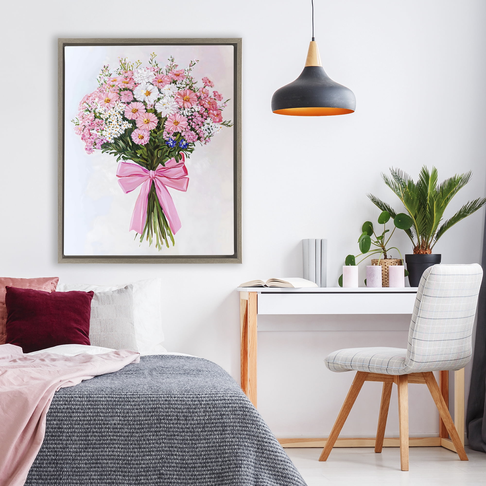 Stupell Industries Pink & White Tied Flower Bouquet Brown Framed Floater Canvas Wall Art, design by The Prints Vibe