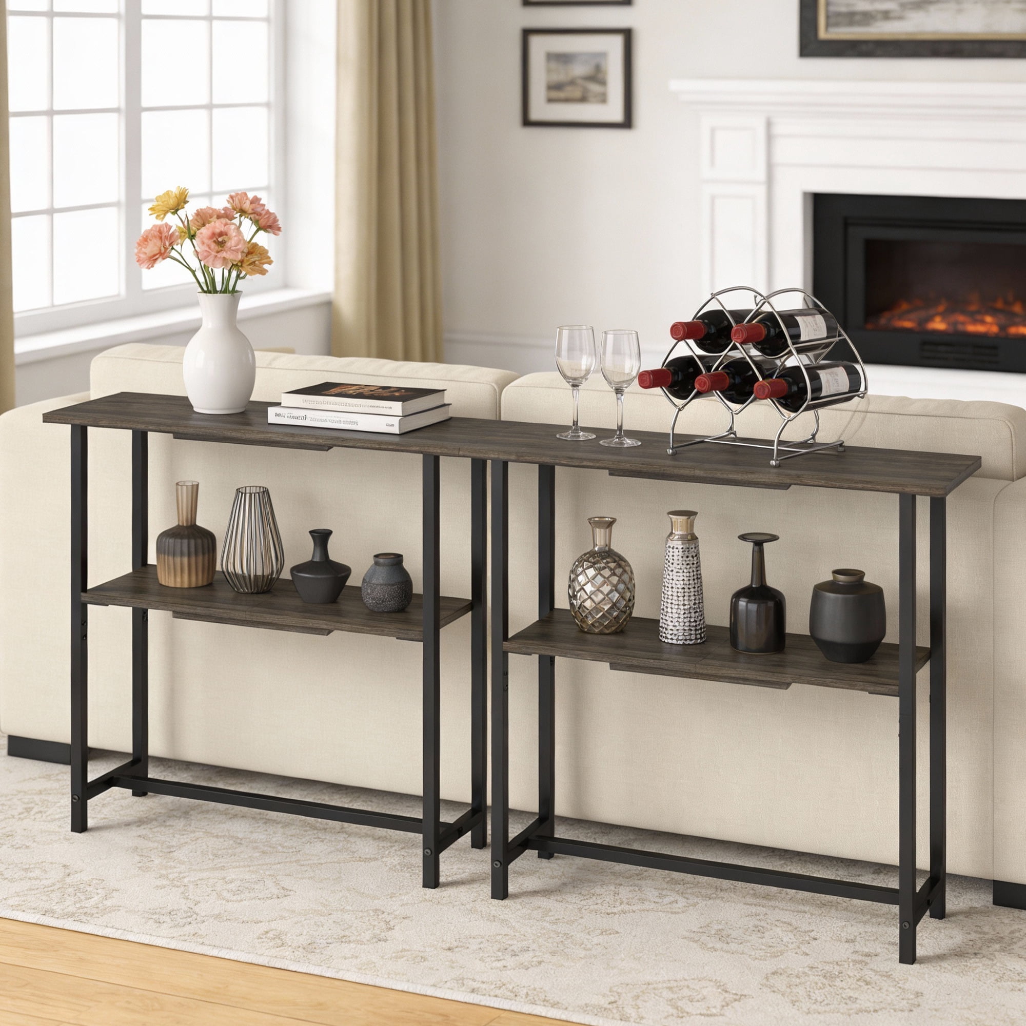 Manxile Modern Narrow Console Table, 2 Tier Storage Shelves Wooden Sofa Side Table, Gray Oak