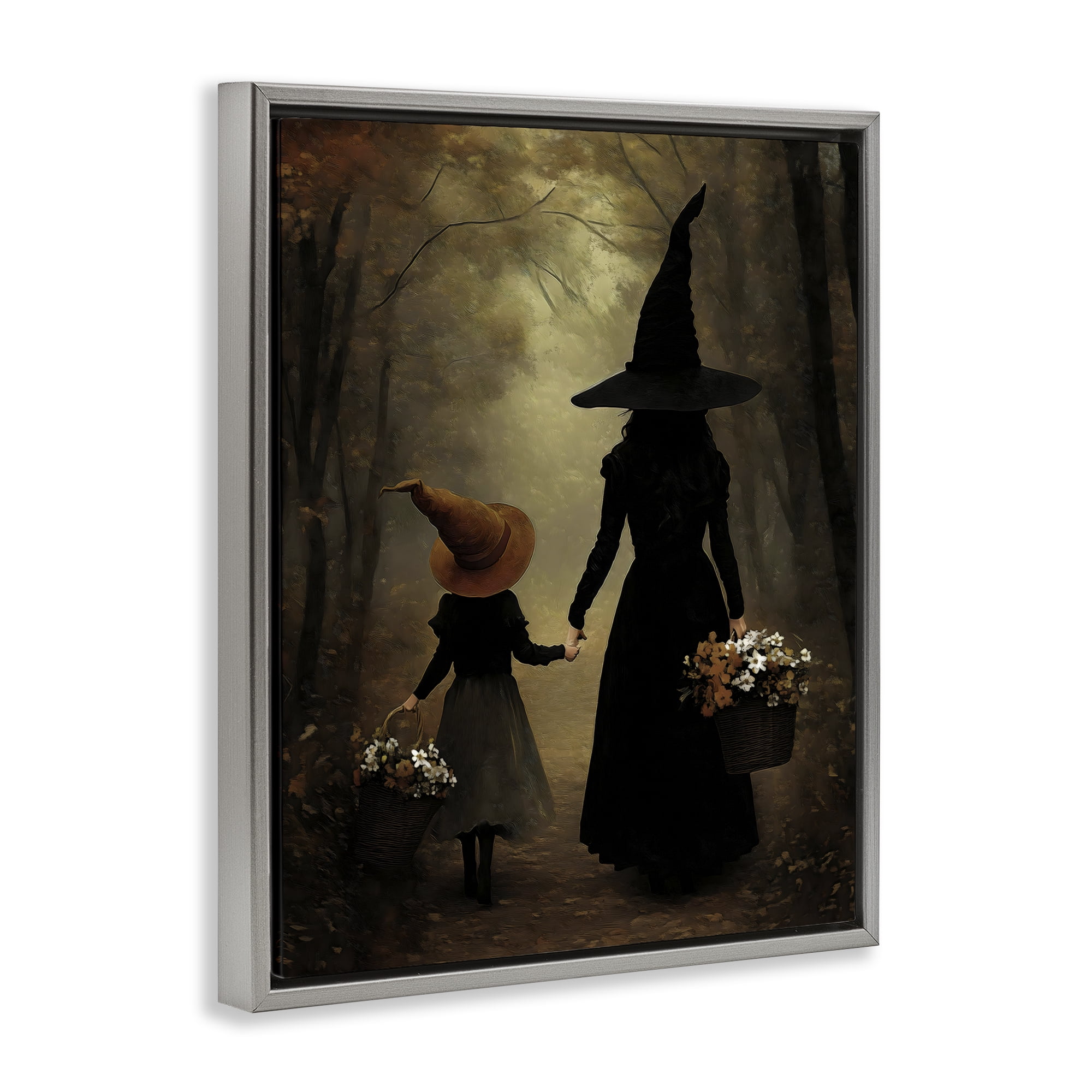 Witch & Daughter Mystical Forest Gray Framed Floater Canvas Wall Art, design by Arlington Prints