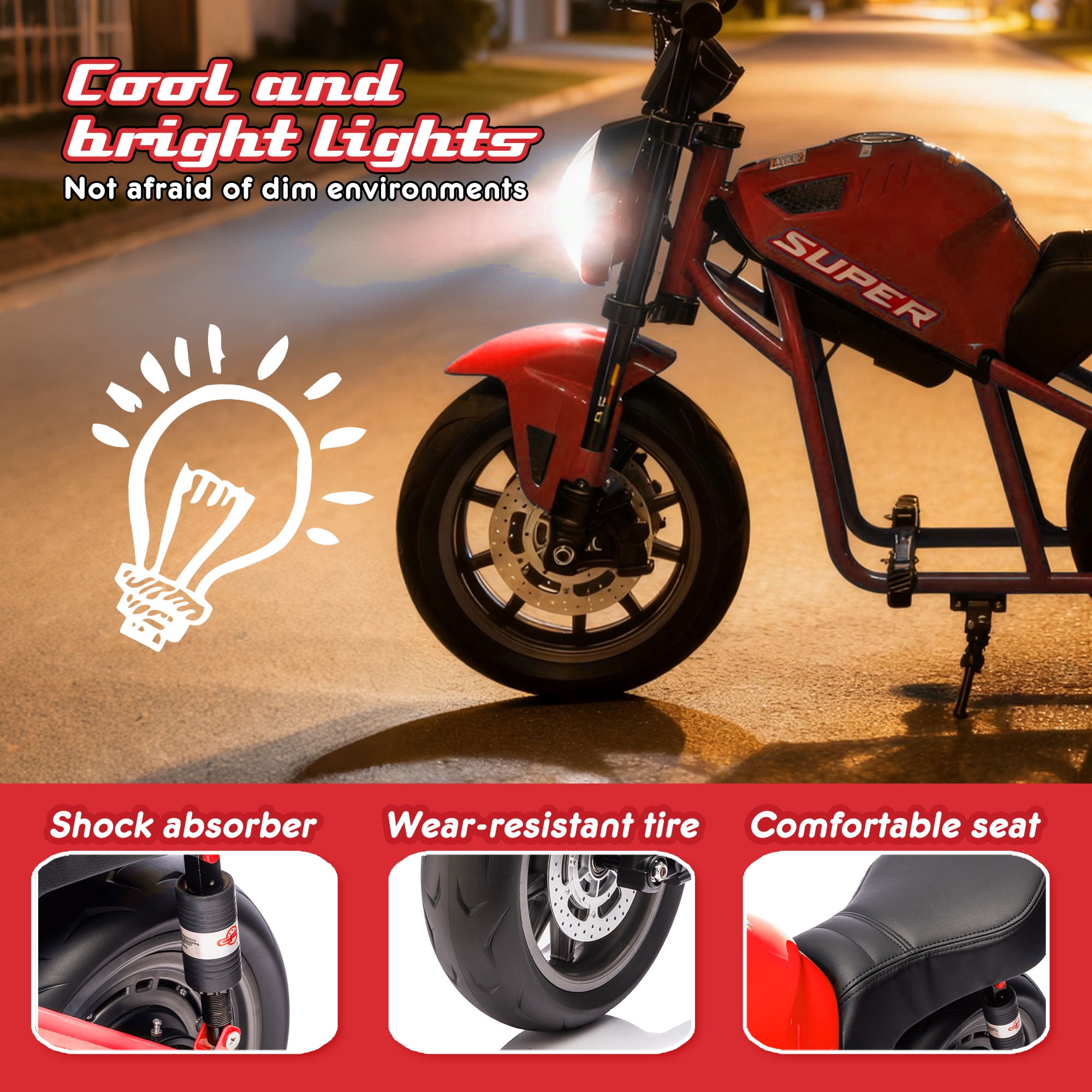 24V 9AH Electric Dirt Bike, 12 MPH & 110lb Max, 350W Ride On Toy for Big Kids w/14in EVA Wheels & Metal Frame, Twist Grip Throttle, Dual Suspension, Music, Light, Kids Motorcycle for Kids 6+, Red