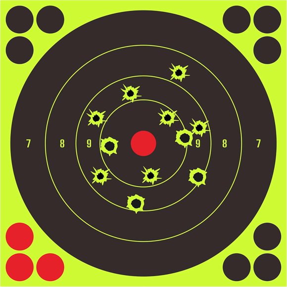 8 Inch Reactive Splatter Self Adhesive Shooting Targets - Bright Fluorescent Yellow Upon Impact - for Rifle, Pistol, Airsoft, BB Gun, Pellet Gun, Air Rifle (50 Pcs)