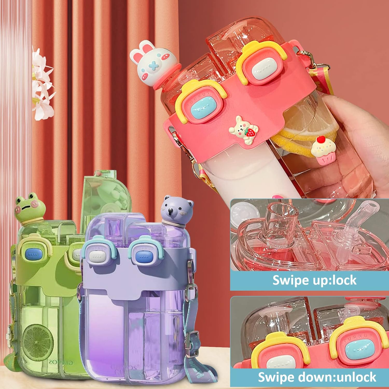 Kawaii Water Bottle Cute Water Bottles with Straw, Double Chamber