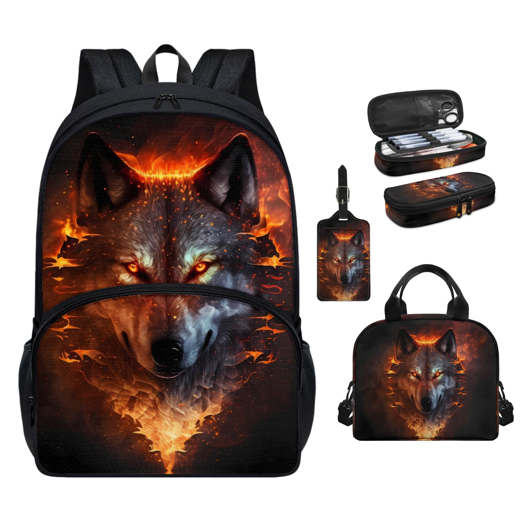 ZOCAVIA Cool Wolf Backpack with Lunch Box Luggage Hang Tag Wolf