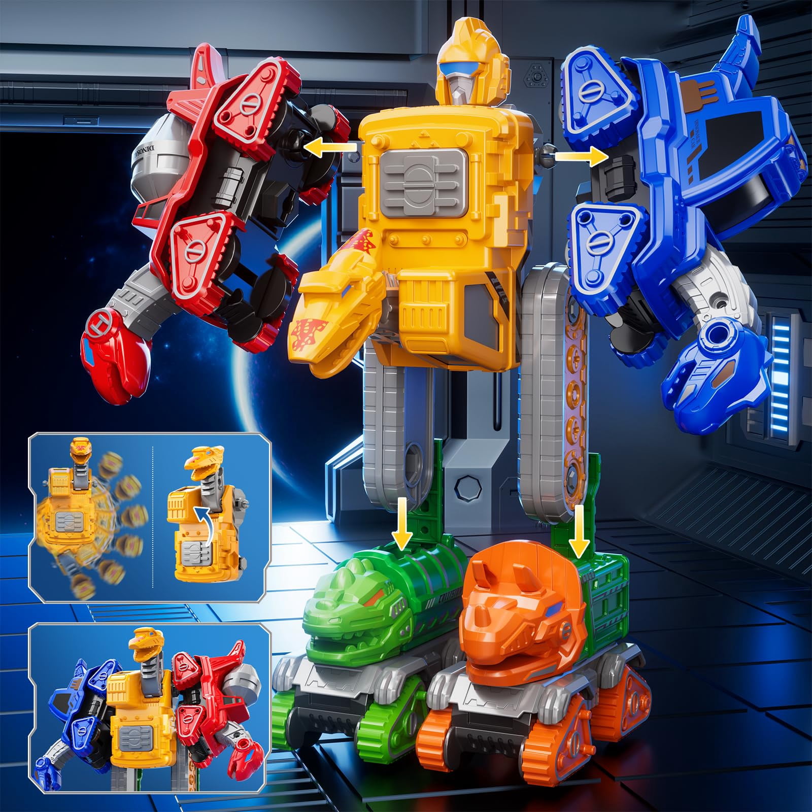 5-in-1 Dinosaur Transforming Robot Toy, Construction Vehicle Set for Kids 3-8, STEM Educational Building Toy Cars